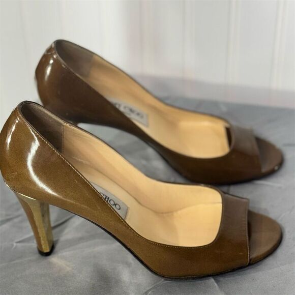 Jimmy Choo Evelyn Brown Patent Leather Peep Toe Heels Gold Heel EU 38 US 7.5-8 - Picture 3 of 10